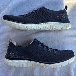 Skechers Navy Knit Slip-On Sneakers with Cream Sole and Multicolor Speckle